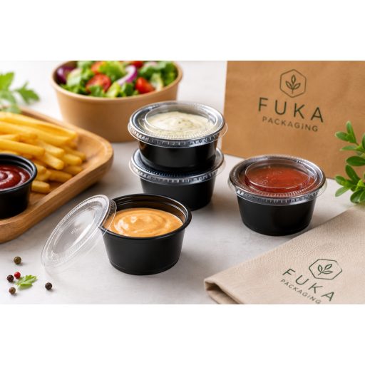 PP Szószos tégely szett 60 ml (2 oz) – Fekete tégely átlátszó PET tetővel